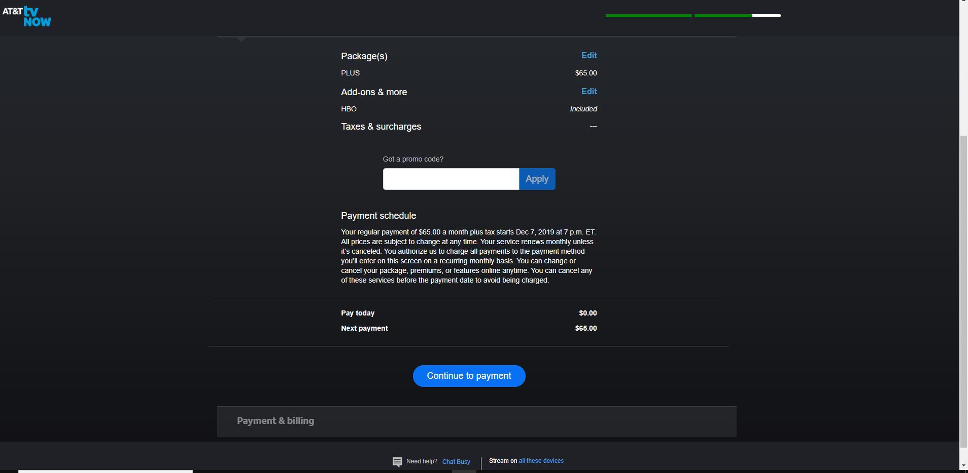 Screenshot tlačítka Pokračovat na platbu v procesu registrace AT&T TV Now