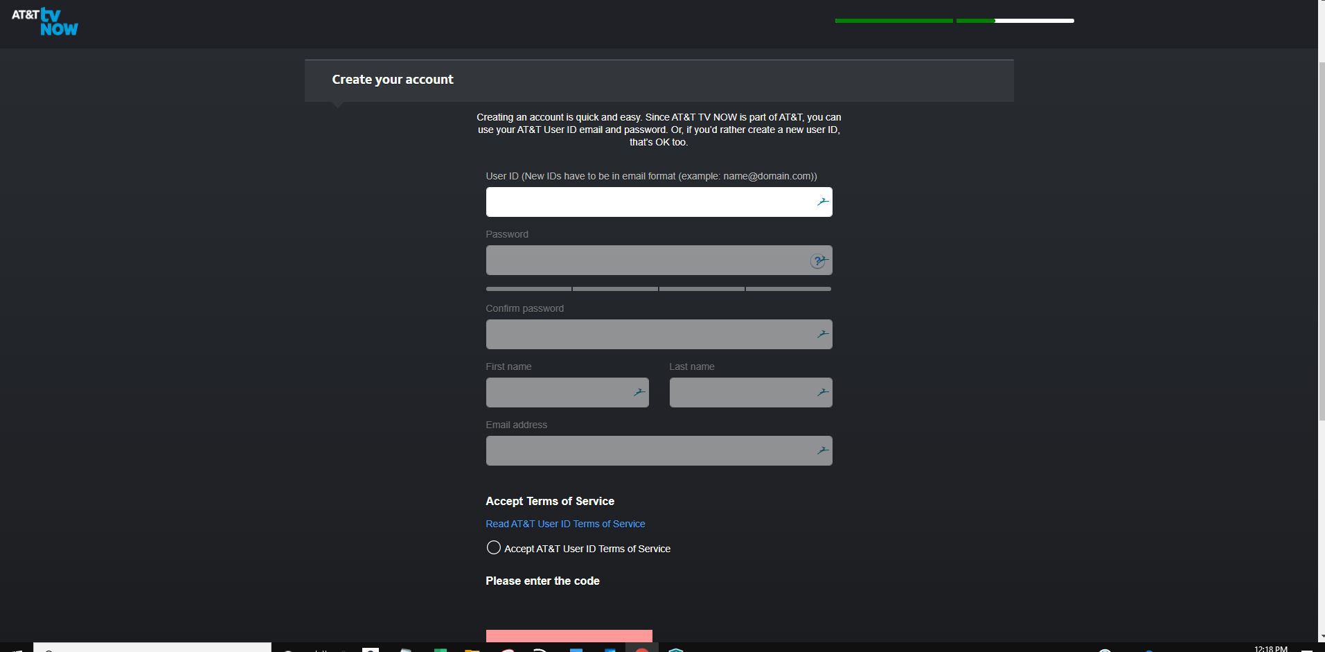 Screenshot obrazovky pro vytvoření účtu na registraci AT&T TV Now