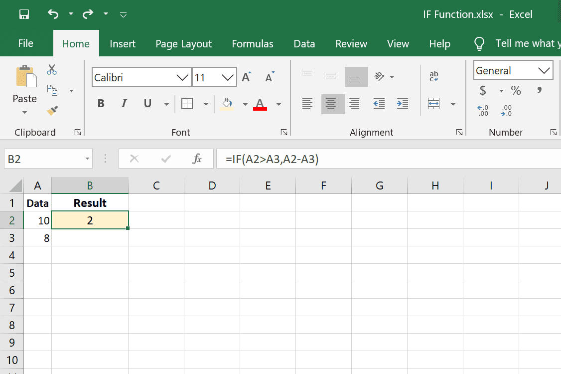 Příklad vzorce Excel IF se odečtením