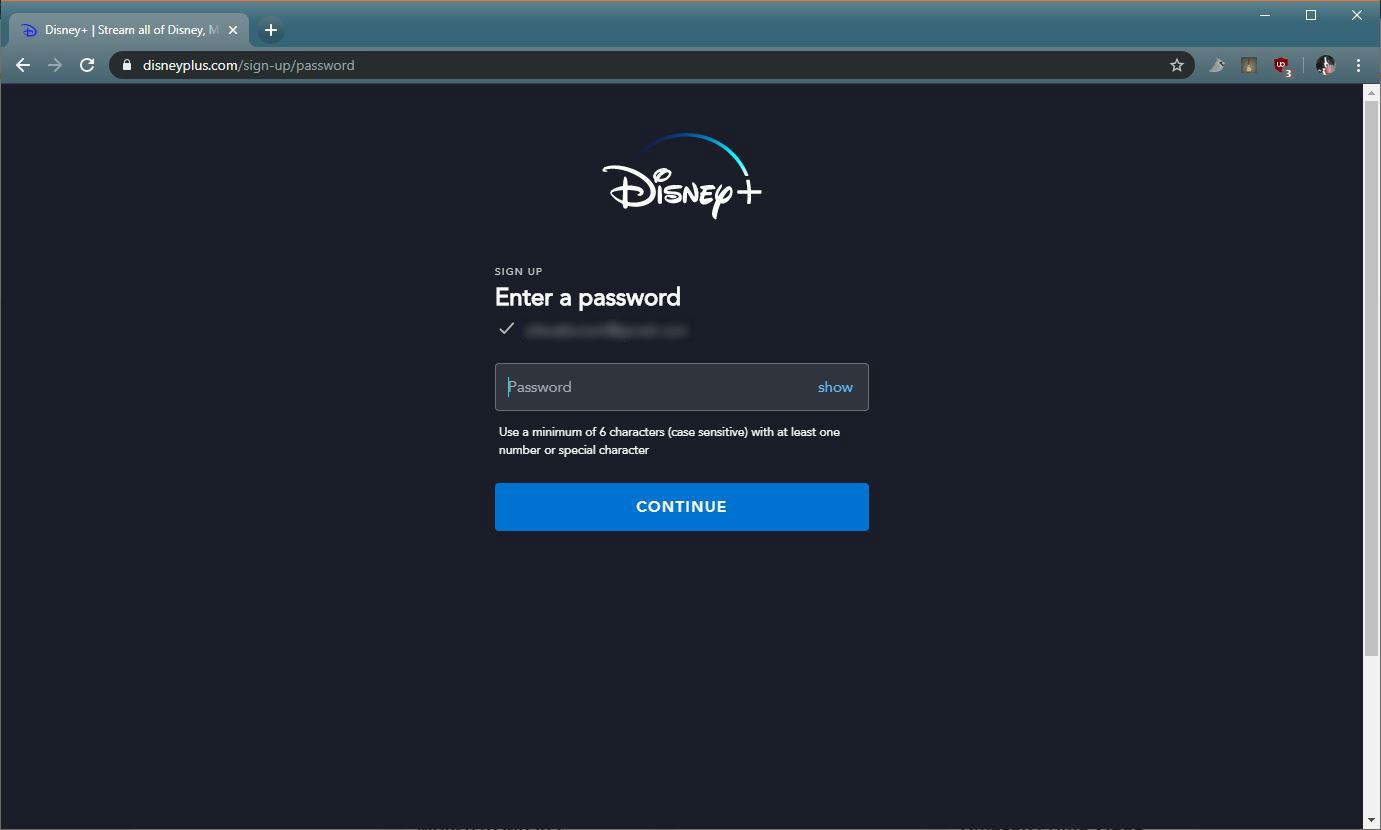 Snímek obrazovky procesu registrace Disney +.