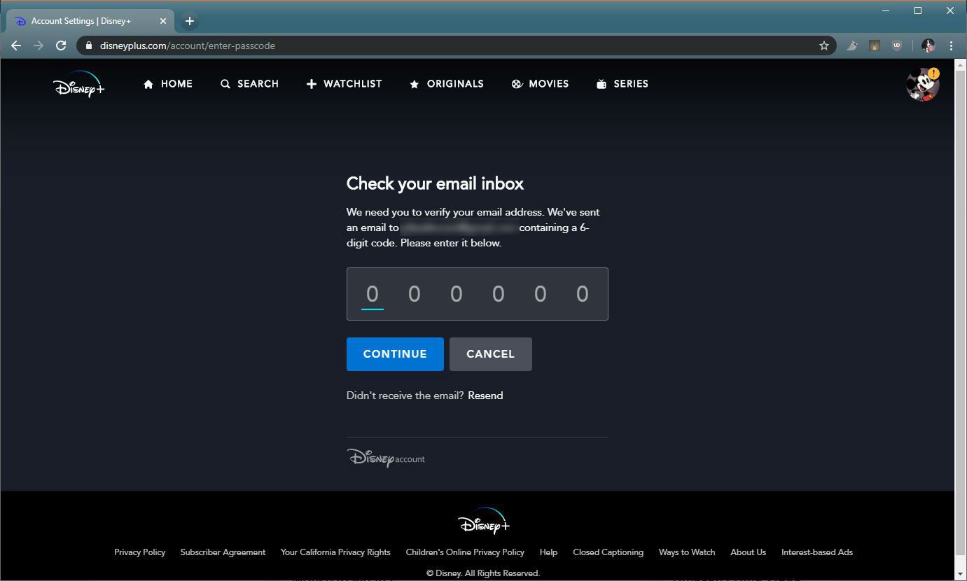 Snímek obrazovky s ověřovací stránkou Disney +.