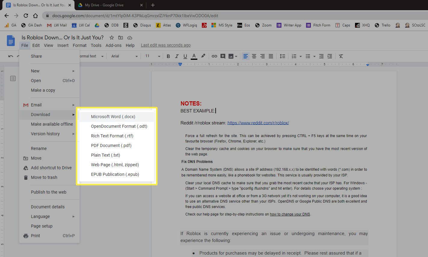 Stáhnout jako položku nabídky Microsoft Word (.docx) v nabídce Soubor dokumentu Google