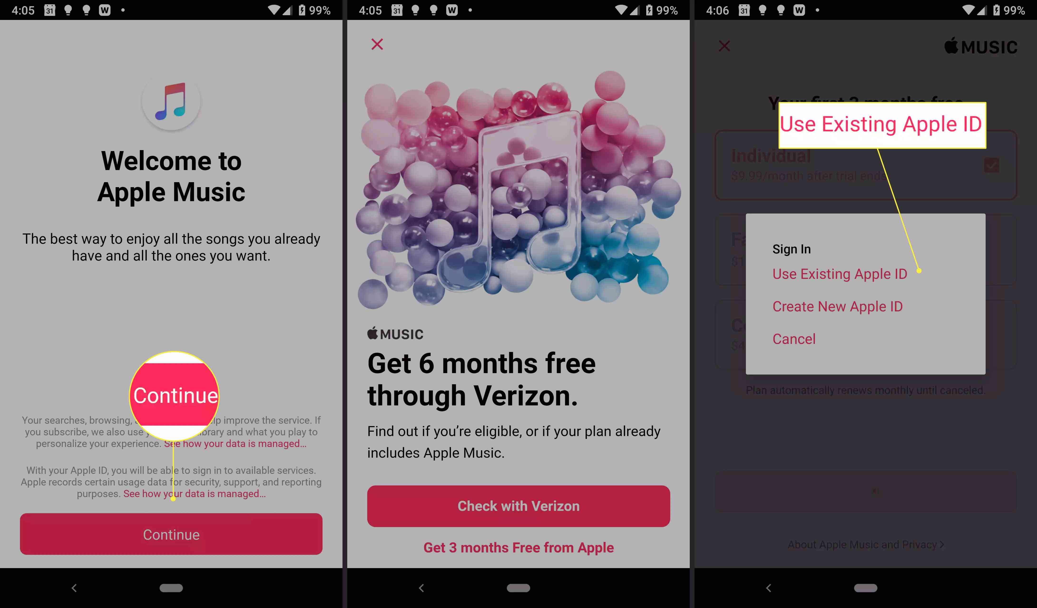 Osoba se zaregistruje do Apple Music pomocí stávajícího Apple ID