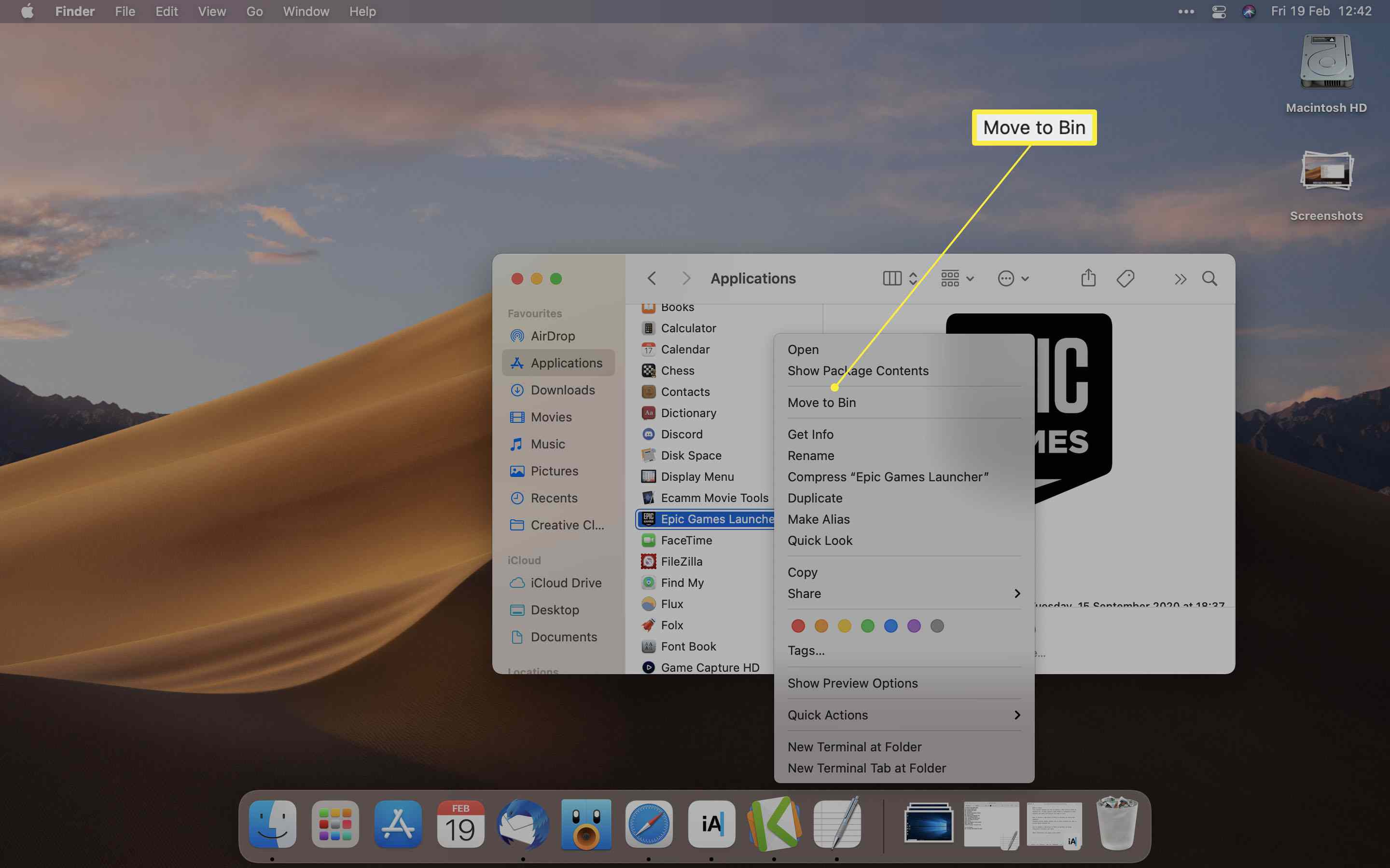 Složka aplikací pro Mac se spouštěčem Epic Games klikněte pravým tlačítkem a zvýrazní se možnost Přesunout do koše