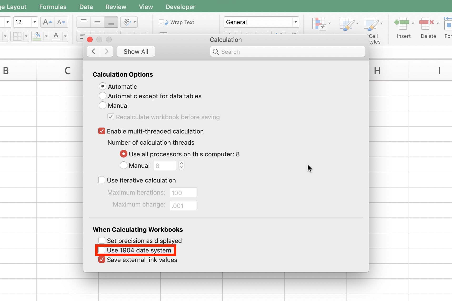 Screenshot aplikace Excel zobrazující nastavení data v systému Mac