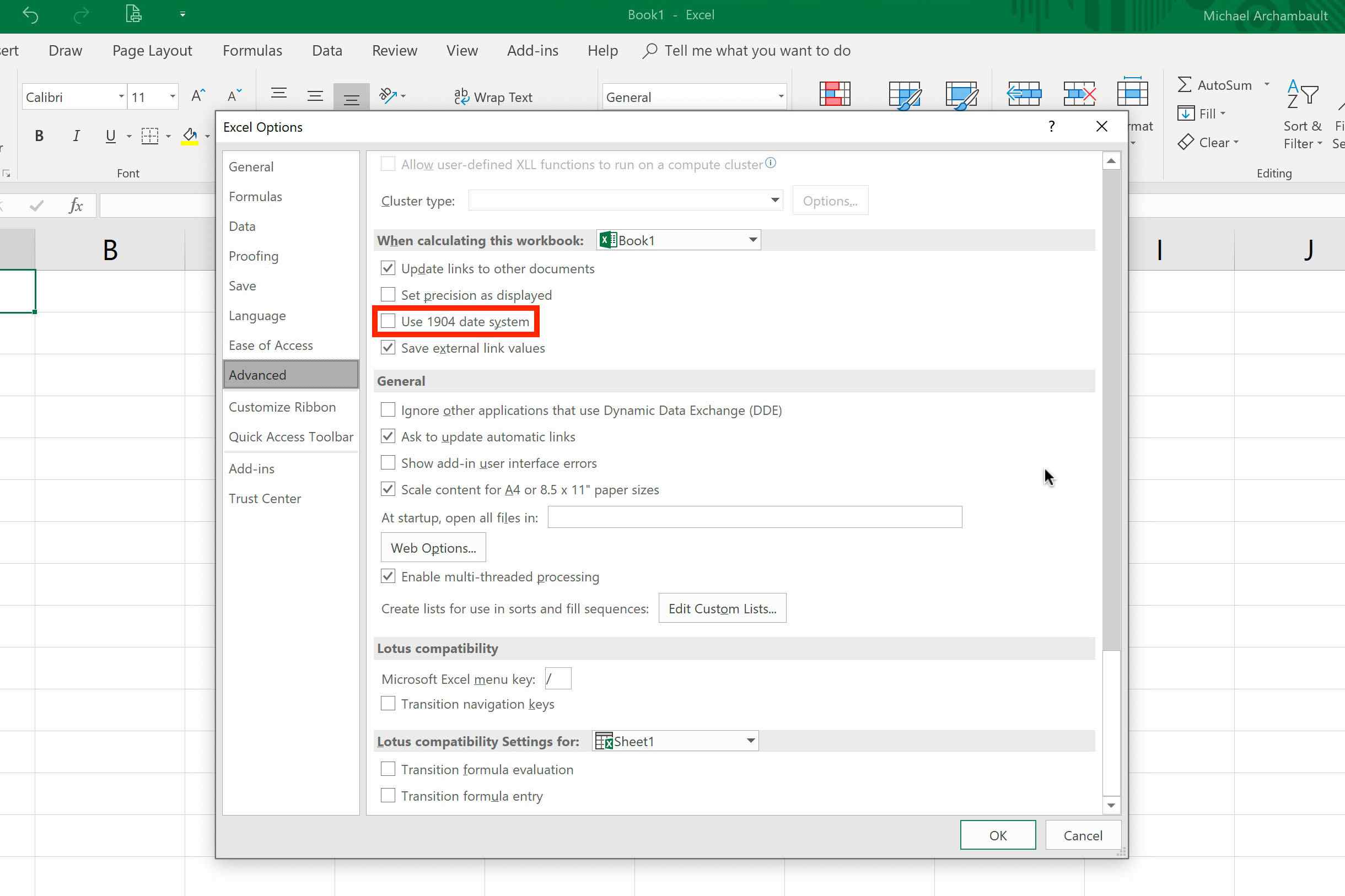 Screenshot aplikace Excel zobrazující nastavení data na PC