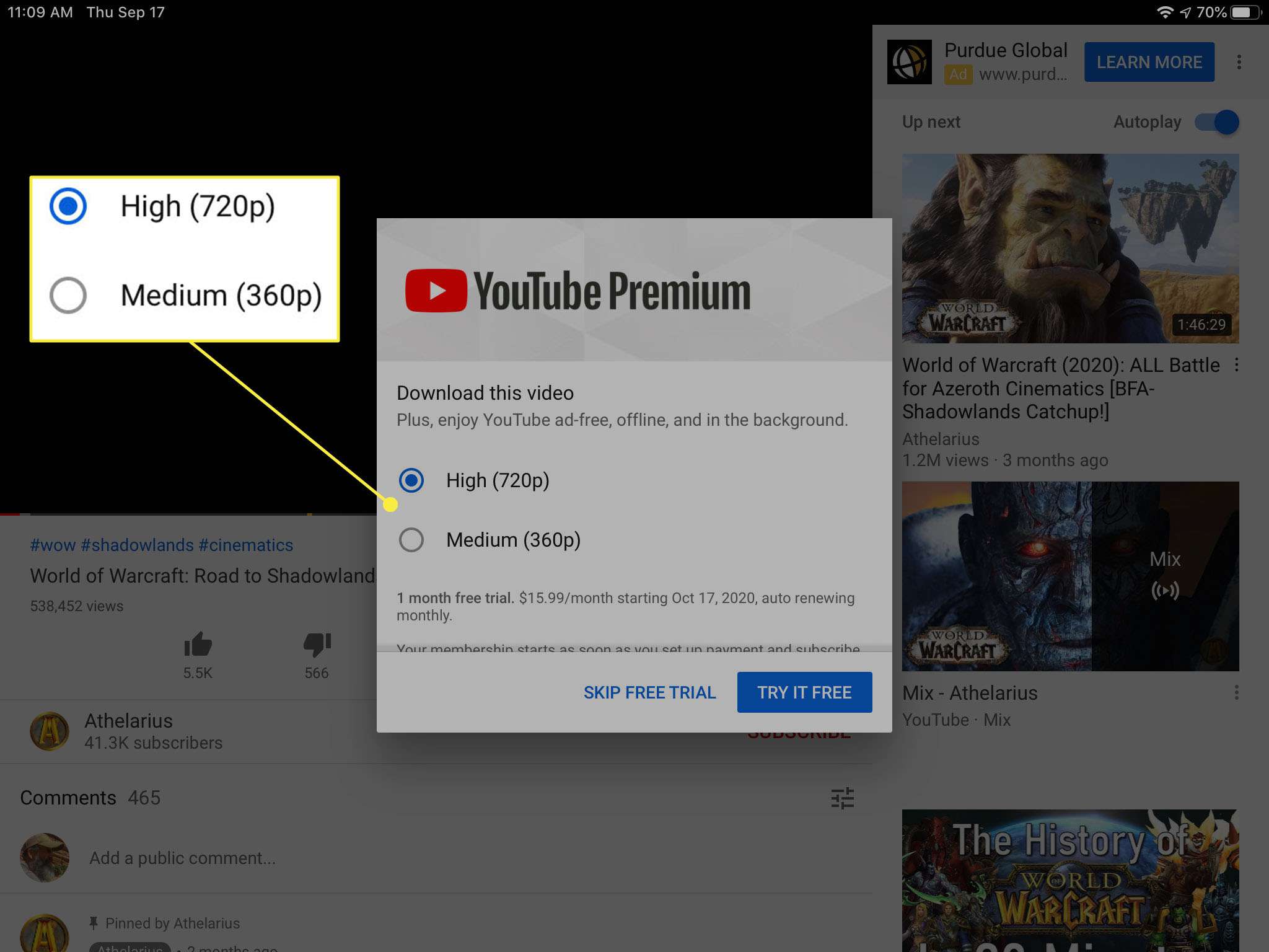 Obrazovka kvality videa v aplikaci YouTube