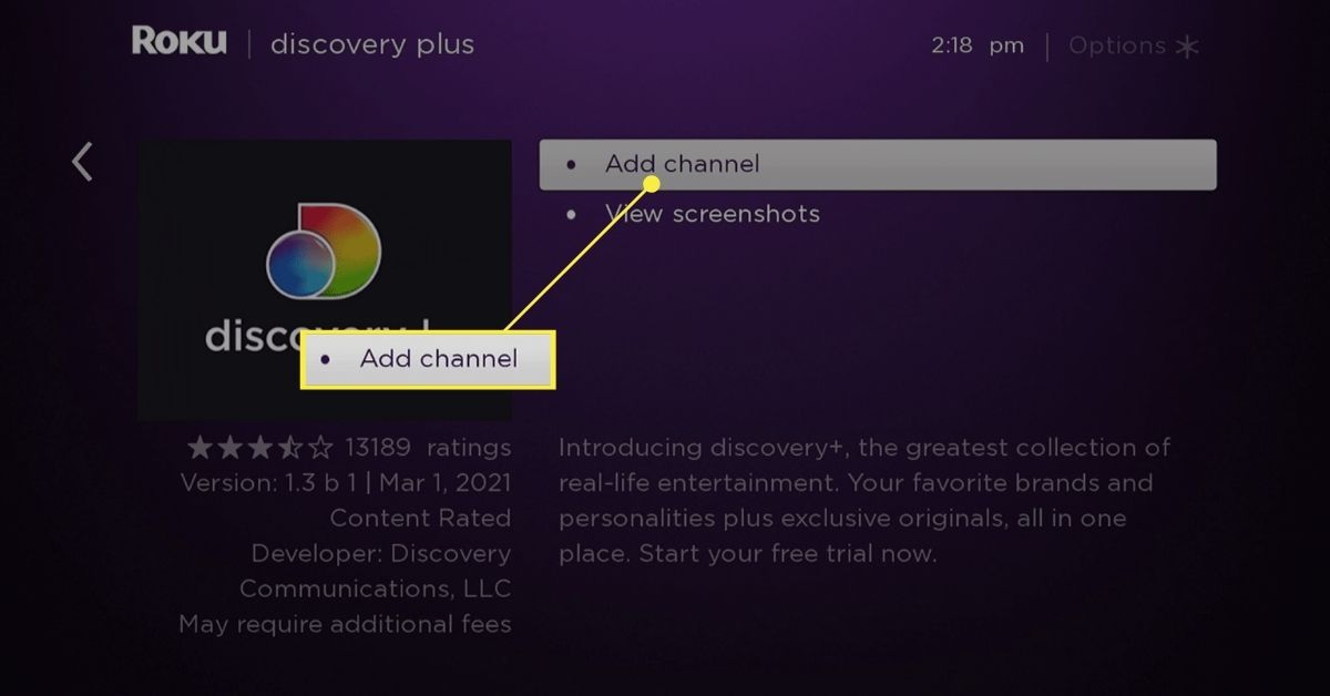 Tlačítko Přidat kanál na Roku pro Discovery Plus