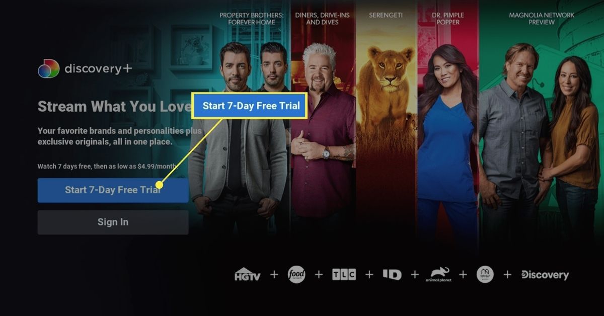 Možnost sedmidenní zkušební verze pro Discovery Plus na Roku.