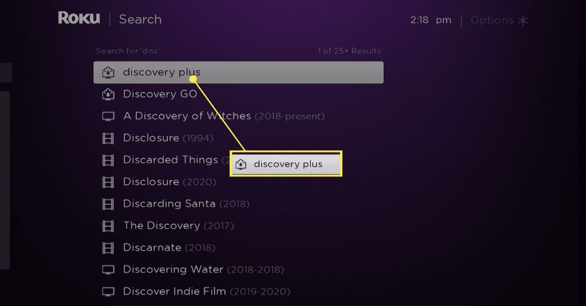 Ve výsledcích vyhledávání Roku je zvýrazněn Discovery Plus.