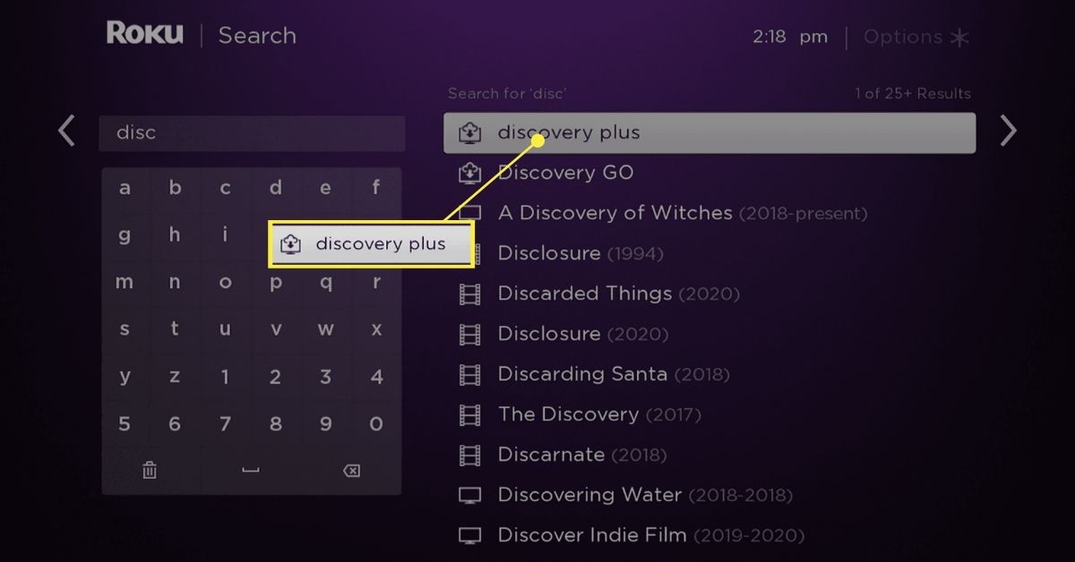 Discovery Plus ve výsledcích vyhledávání Roku