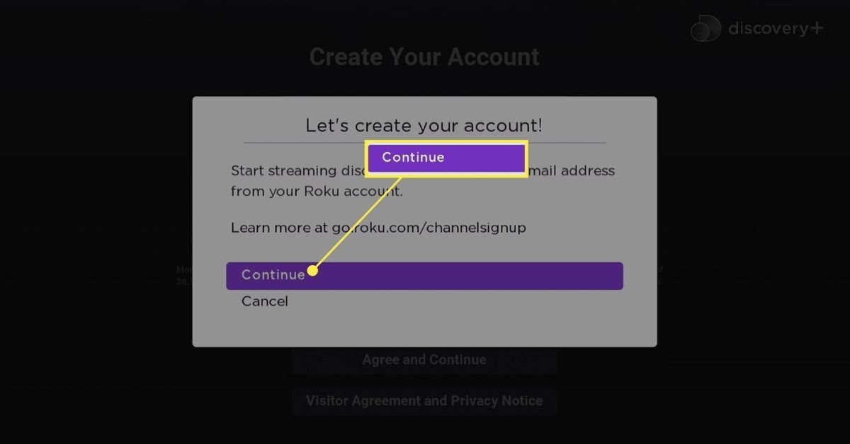 Tlačítko Pokračovat při vytváření účtu Discovery Plus na Roku.