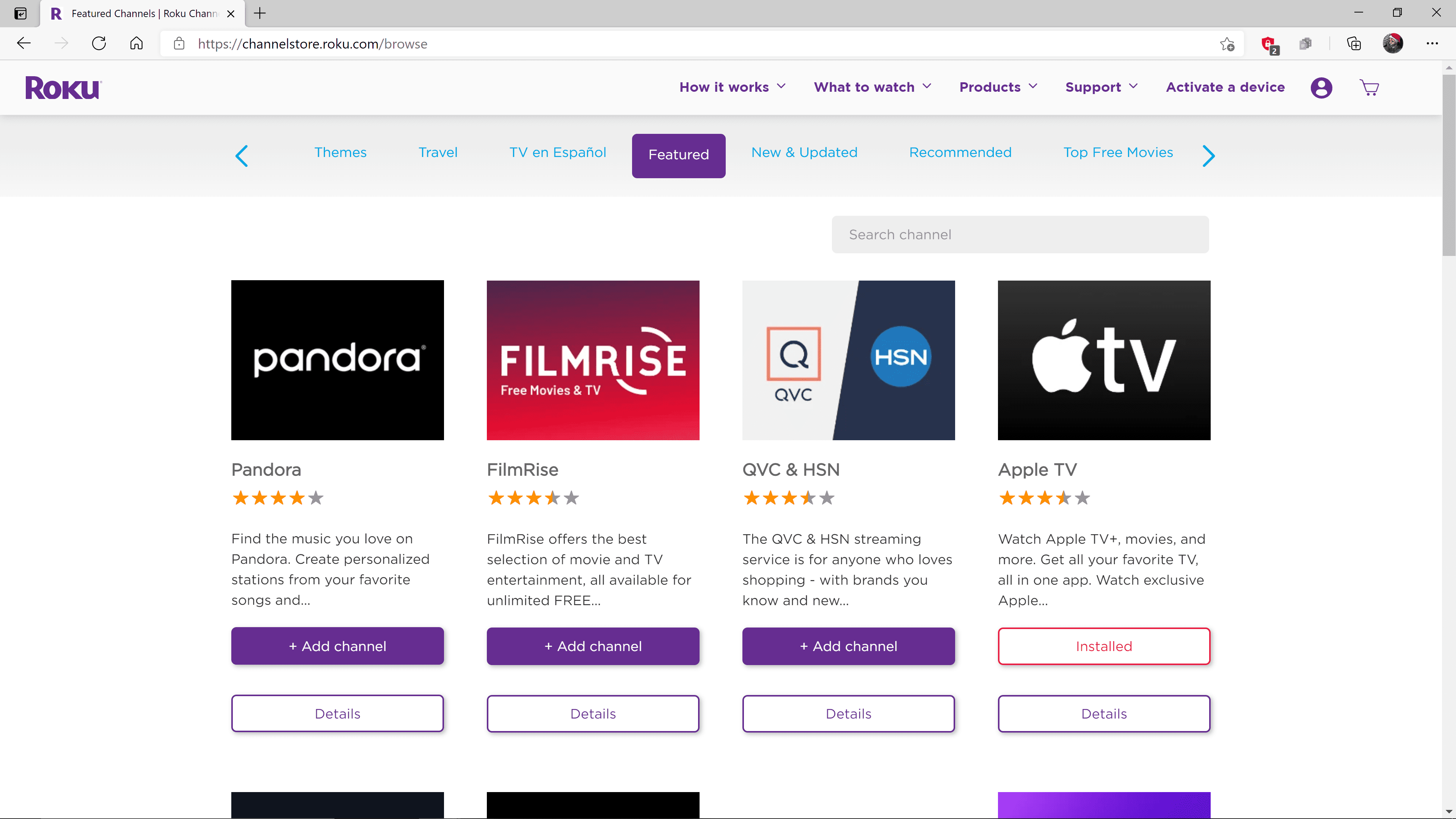 Web Roku Channel Store se zvýrazněným kanálem Search.