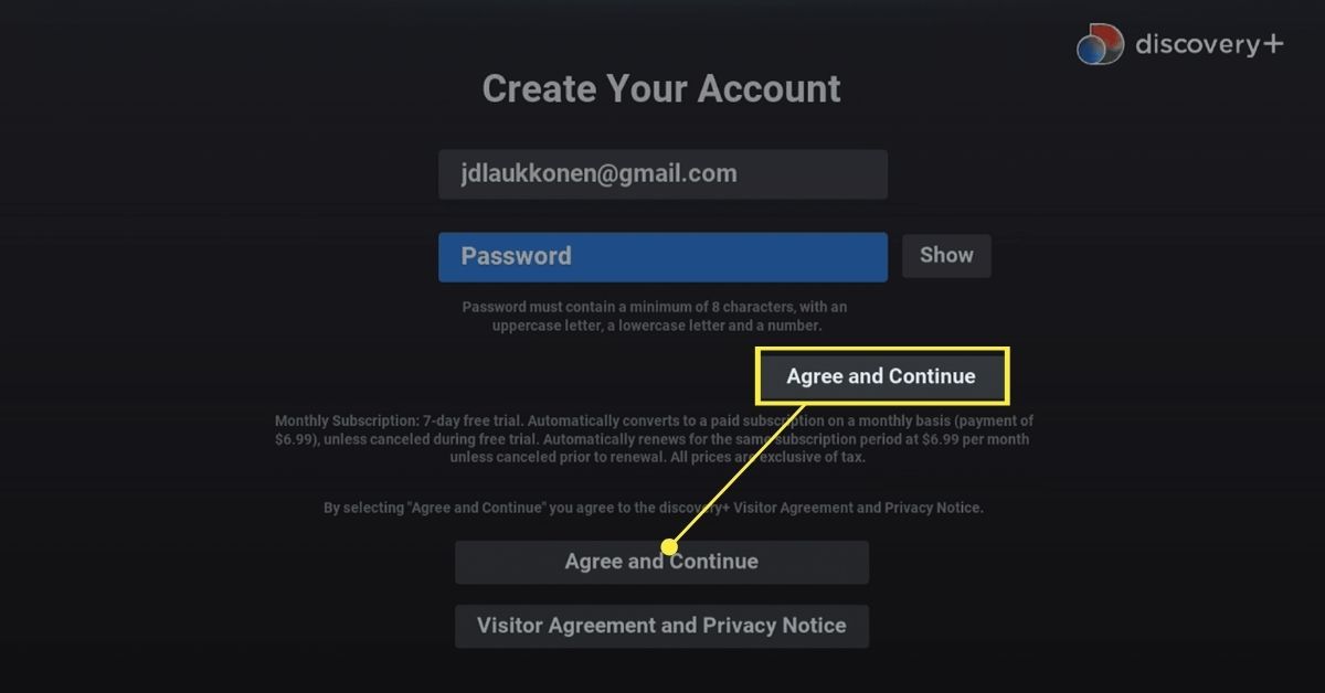 Tlačítko Souhlasím a Pokračovat při vytváření účtu Discovery + na Roku.