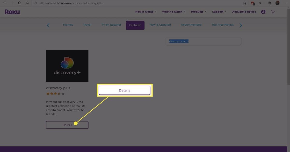 Tlačítko Podrobnosti v obchodě Channel Roku pro Discovery Plus.