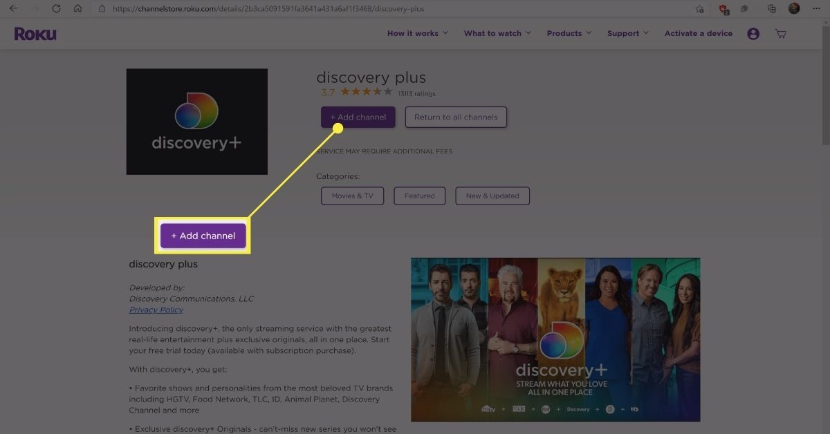Tlačítko Přidat kanál na stránce Discovery Plus v obchodě Channel Roku.