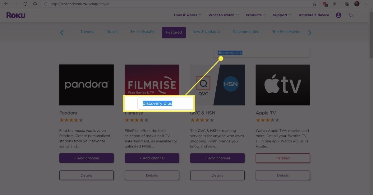 Hledání discovery plus v obchodě kanálů Roku.