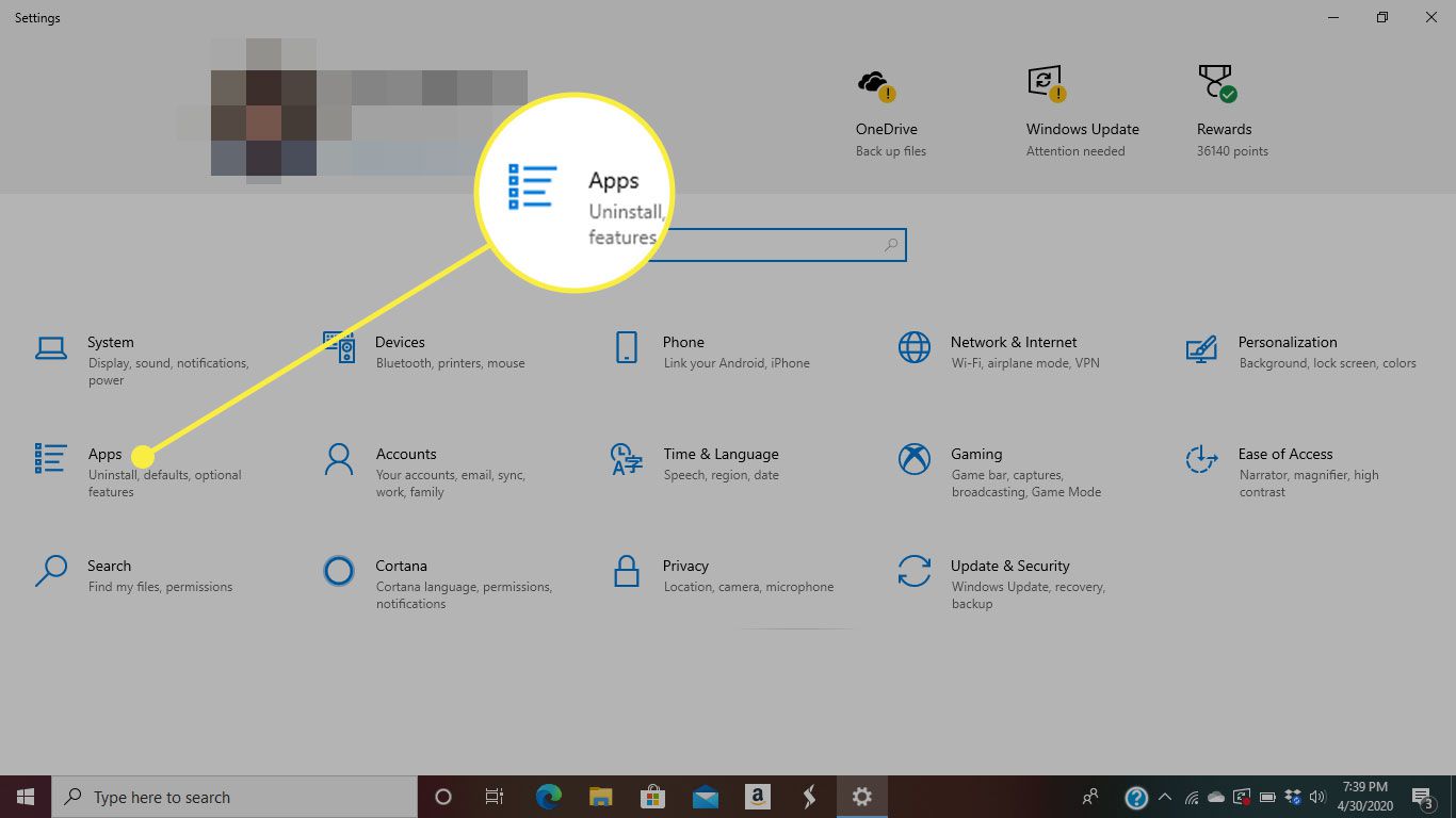 Nastavení systému Windows 10 se zvýrazněnou částí Aplikace