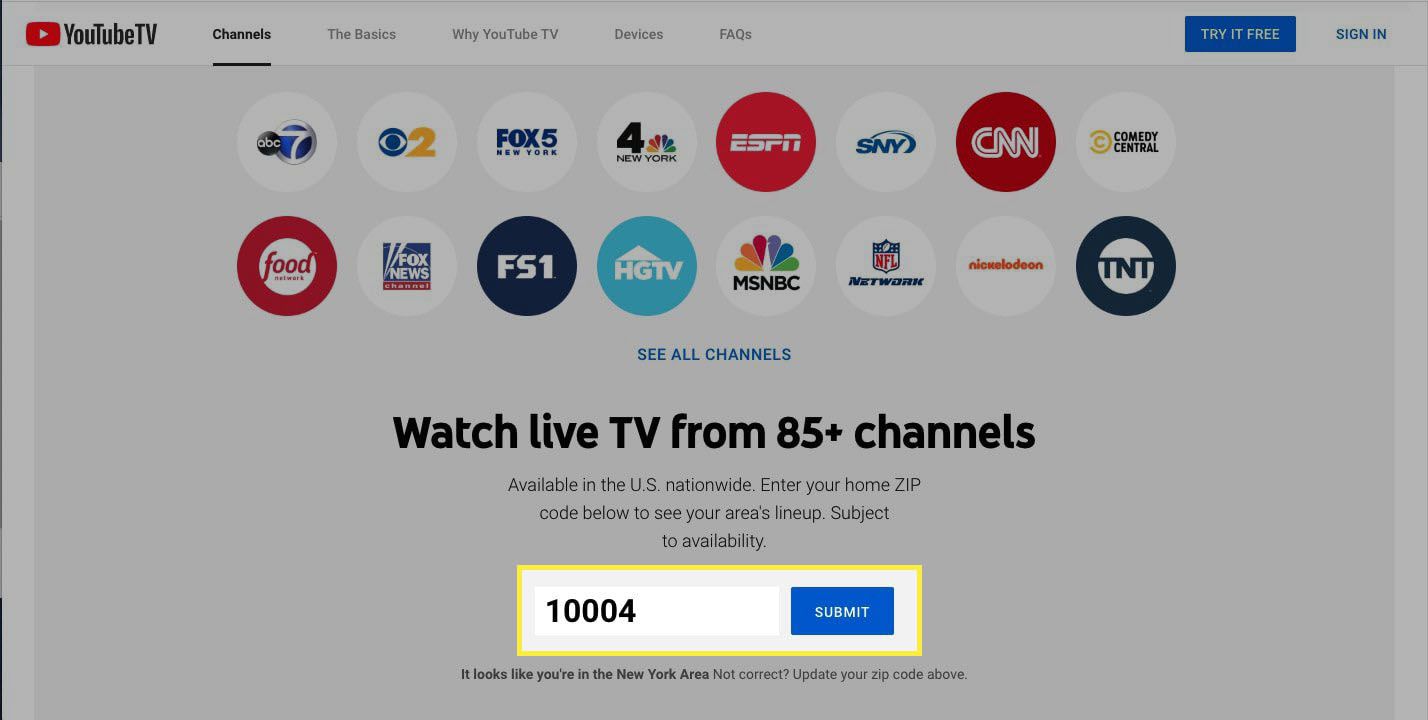 YouTube TV zobrazující místní kanály dostupné v PSČ New Yorku.