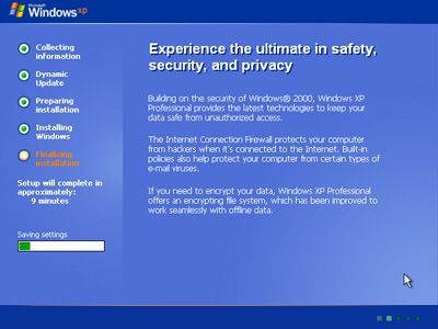 Screenshot instalace systému Windows XP Dokončení instalace