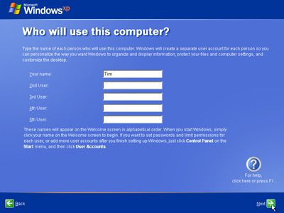 Screenshot z Kdo bude používat tento počítač?  Obrazovka průvodce během instalace systému Windows XP