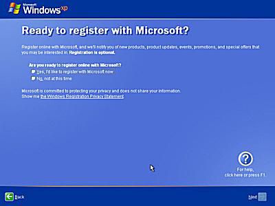 Screenshot obrazovky Ready to Register with Microsoft Wizard během instalace