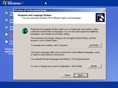 Screenshot instalace regionálních a jazykových možností během instalace systému Windows XP