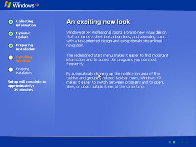Screenshot procesu instalace systému Windows XP
