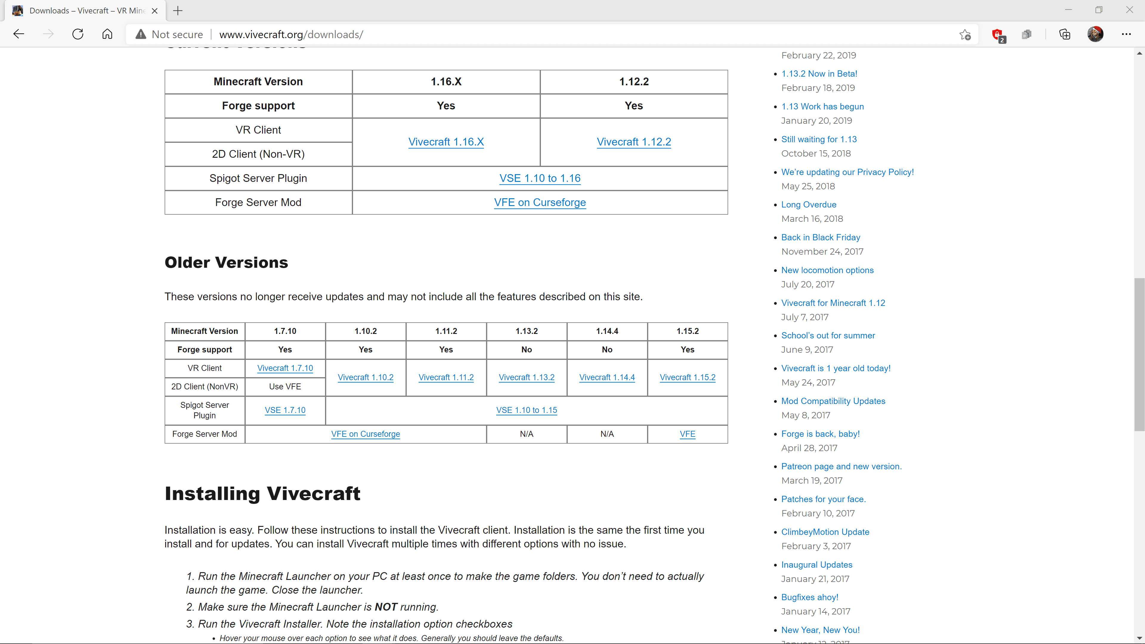 Web Vivecraft se zvýrazněným Vivecraft 1.16.x.