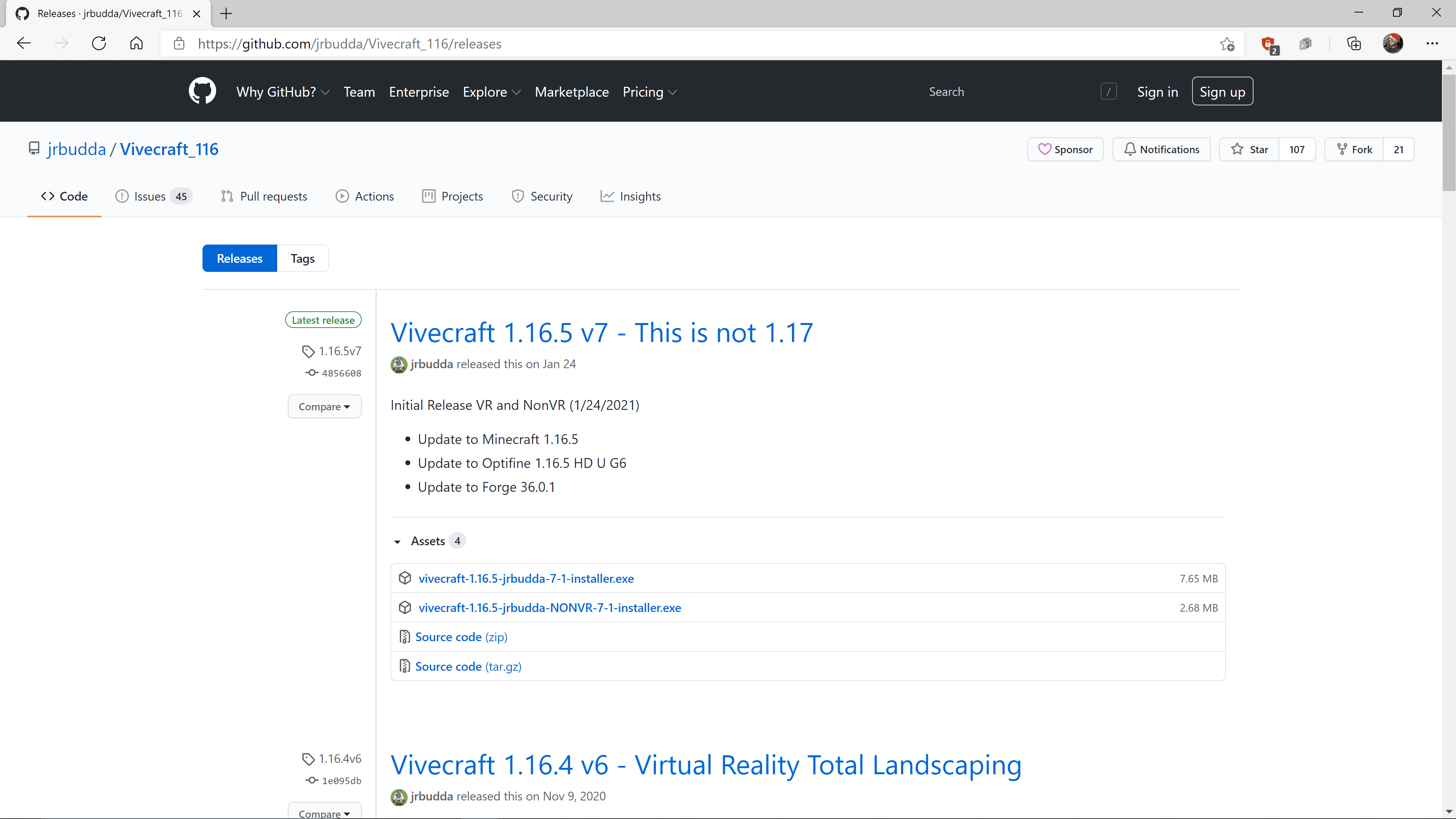 Instalační program Vivecraft zvýrazněn na Vivecraft Github.