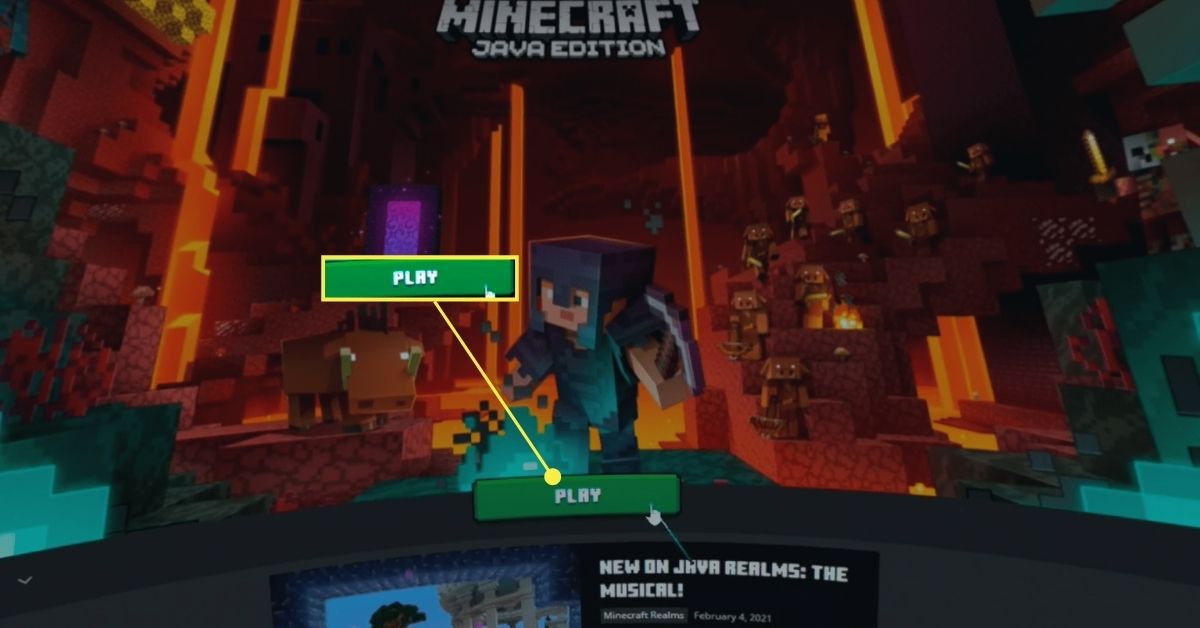 Tlačítko Přehrát v Minecraftu na virtuální ploše Steam VR.