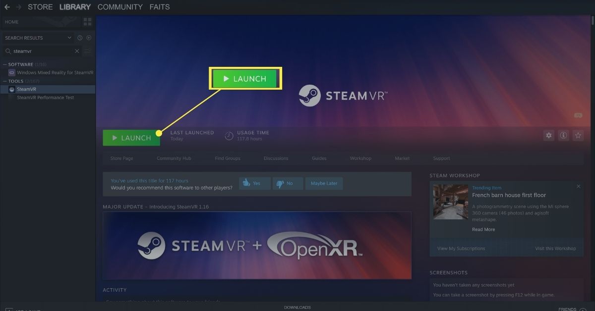 Tlačítko spuštění SteamVR z knihovny Steam.