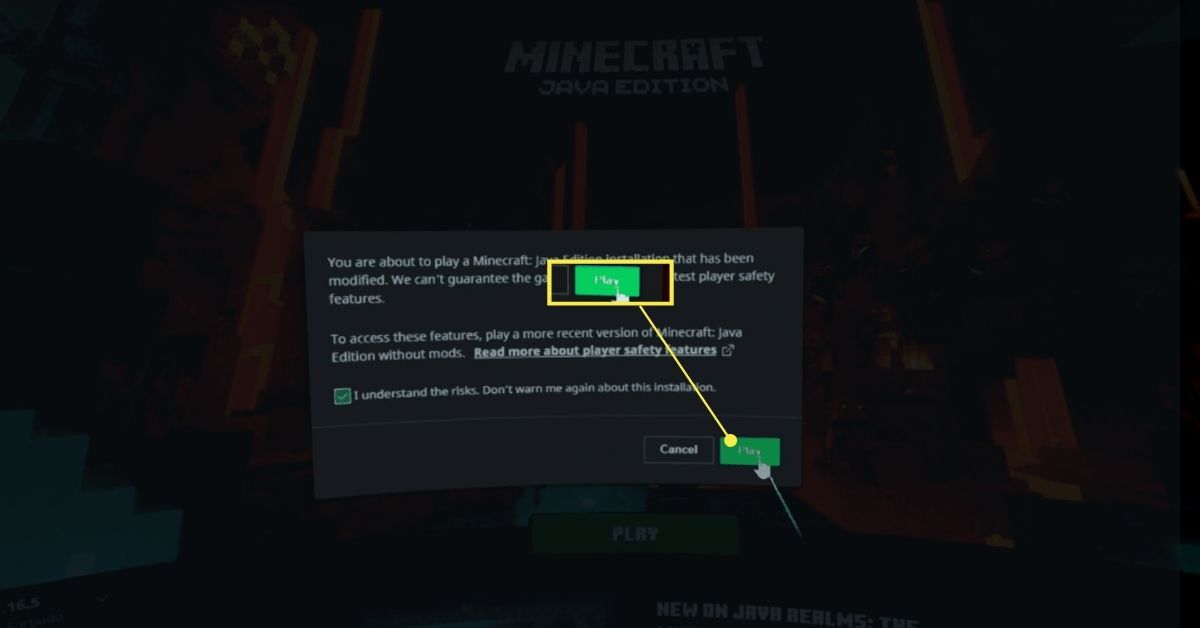 Tlačítko Přehrát na varování o změně Minecraftu ve VR.