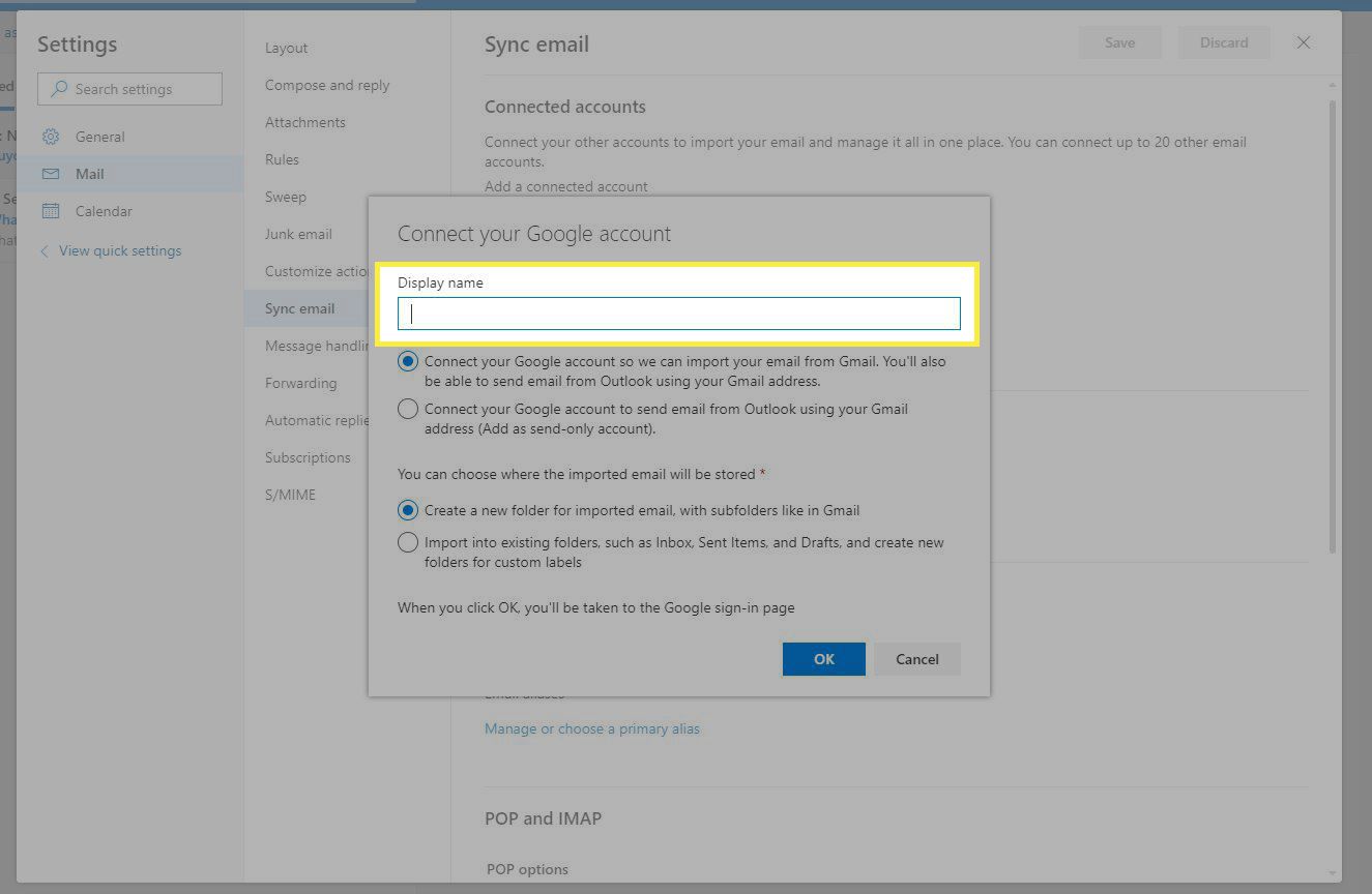 Okno účtu Outlook Connect Google se zvýrazněným zobrazovaným jménem