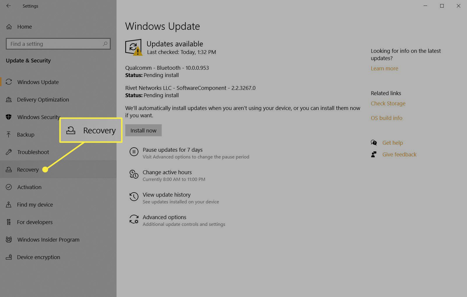 Sekce Obnovení v sekci Aktualizace a zabezpečení ve Windows 10.
