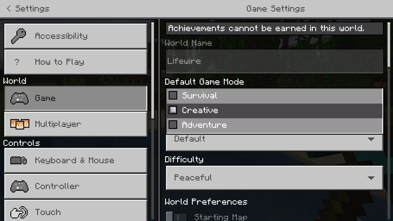 Výchozí možnosti herního režimu v nastavení Minecraftu