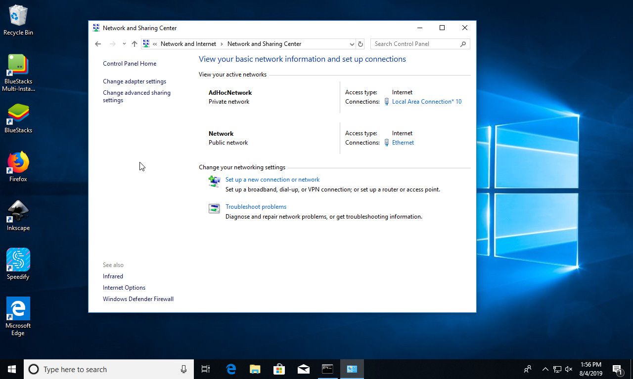 Centrum sdílení sítě Windows 10 s ad hoc