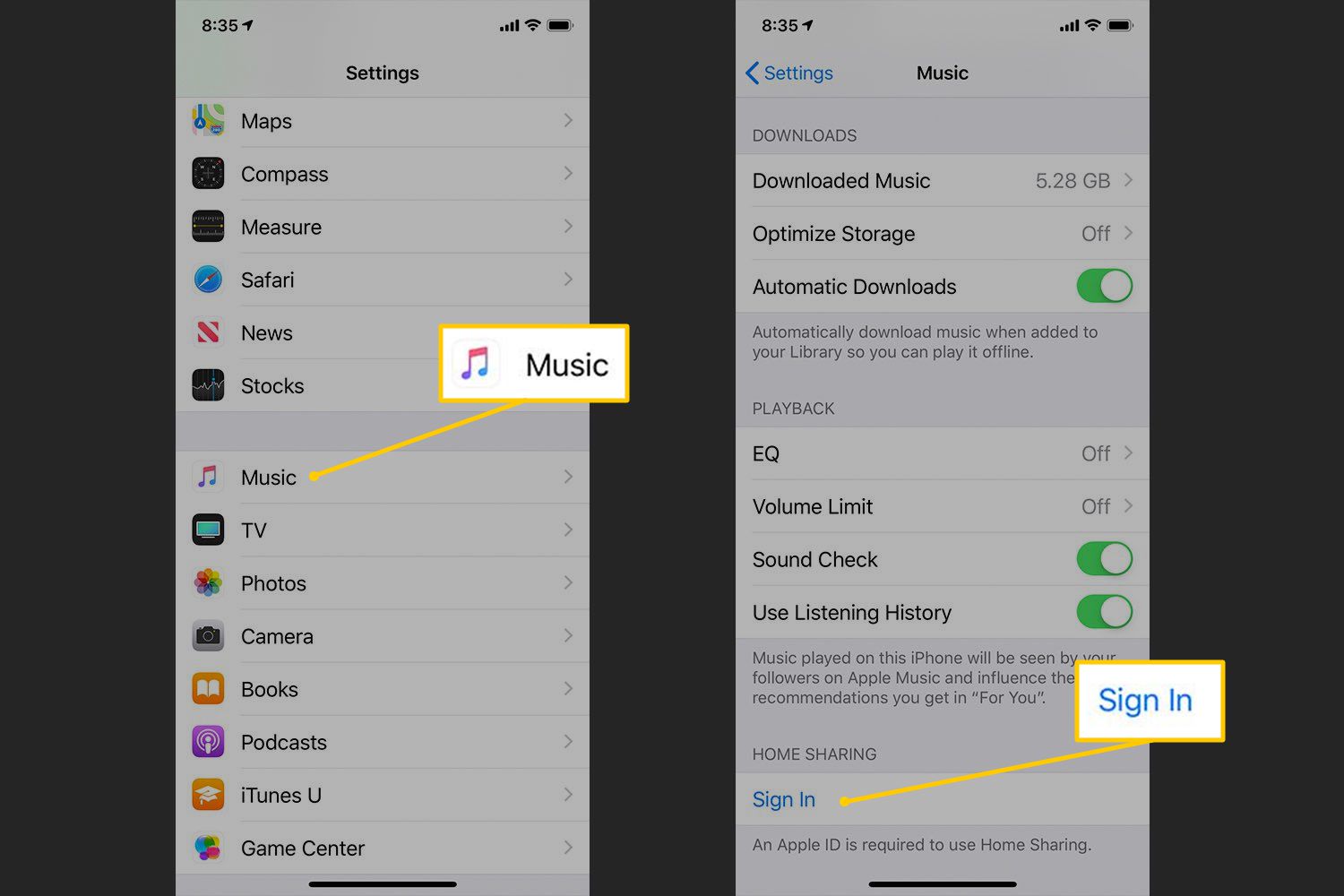 Hudba, tlačítka Přihlásit se v Nastavení domácího sdílení v iOS