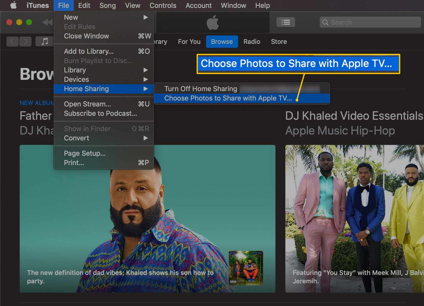 Vyberte položku Fotky ke sdílení s Apple TV v nabídce iTunes