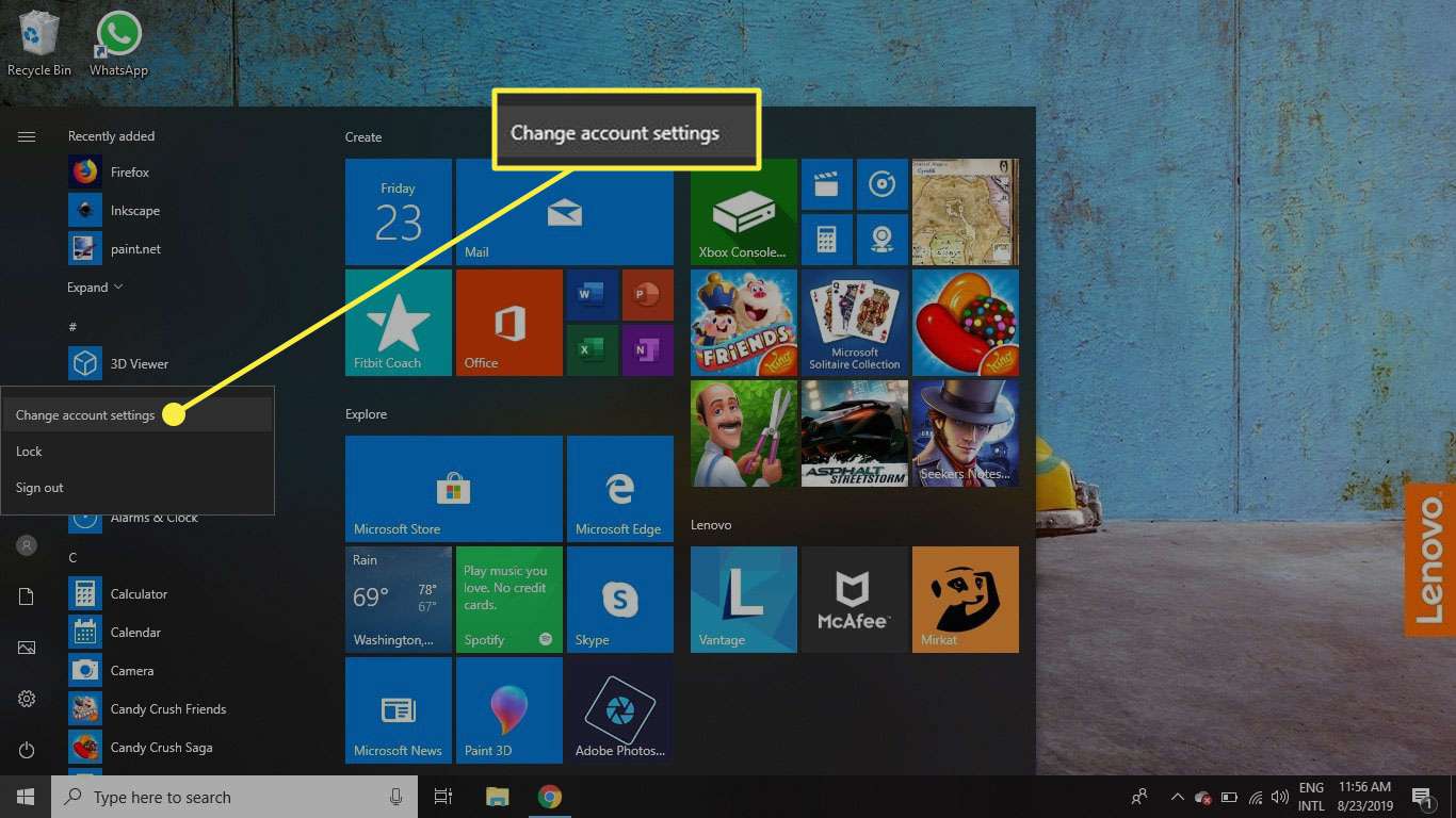 Windows 10 se zvýrazněným příkazem Změnit nastavení účtu