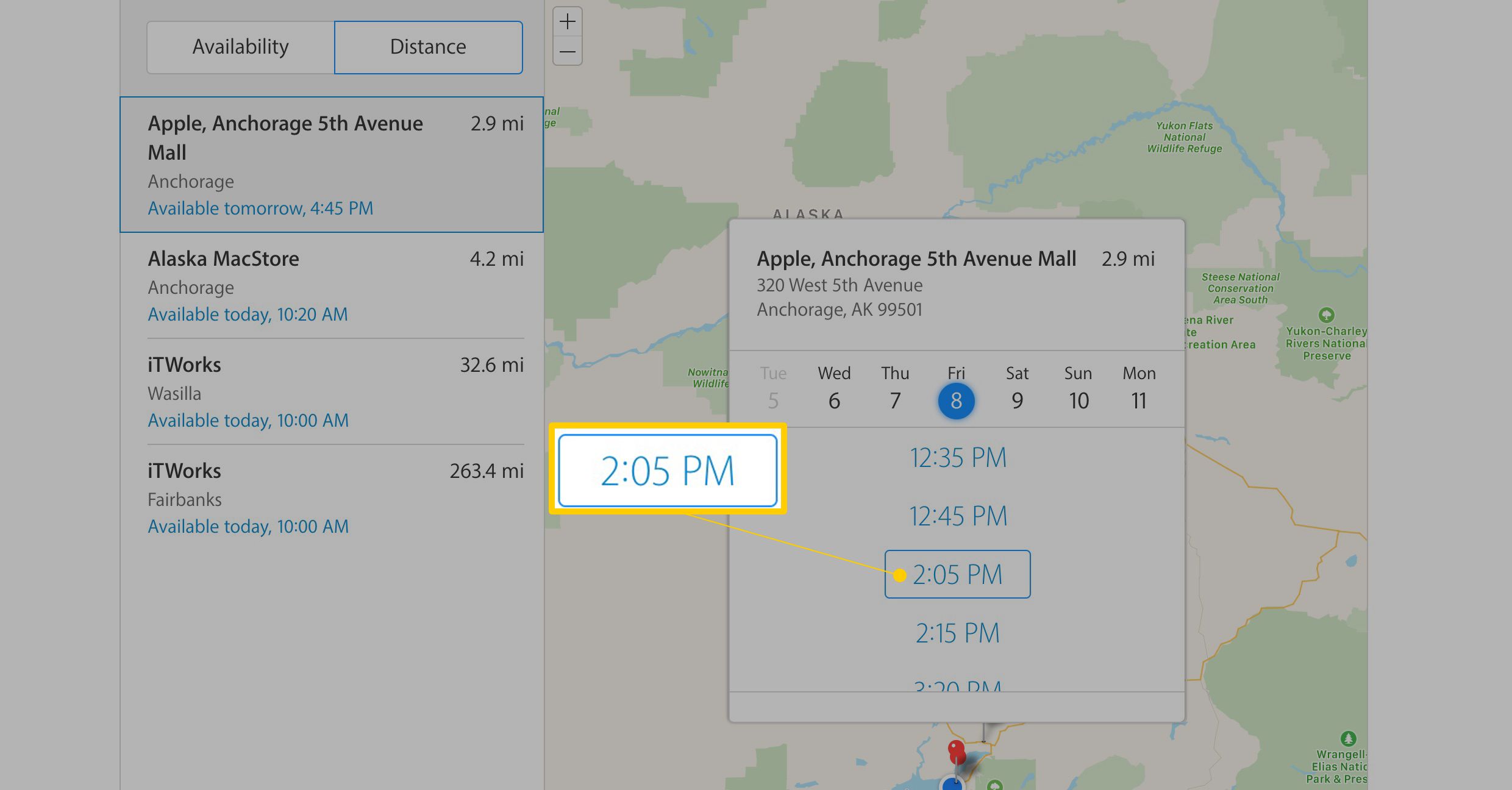 Apple Stores na mapě s dostupnými časy pro schůzky v Genius Baru