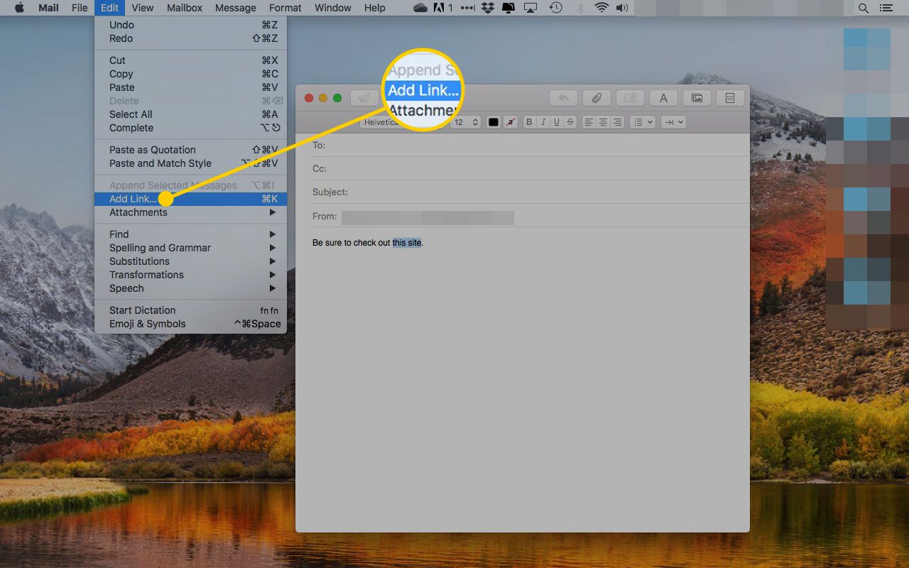 Možnost Přidat odkaz v nabídce Úpravy v macOS Mail