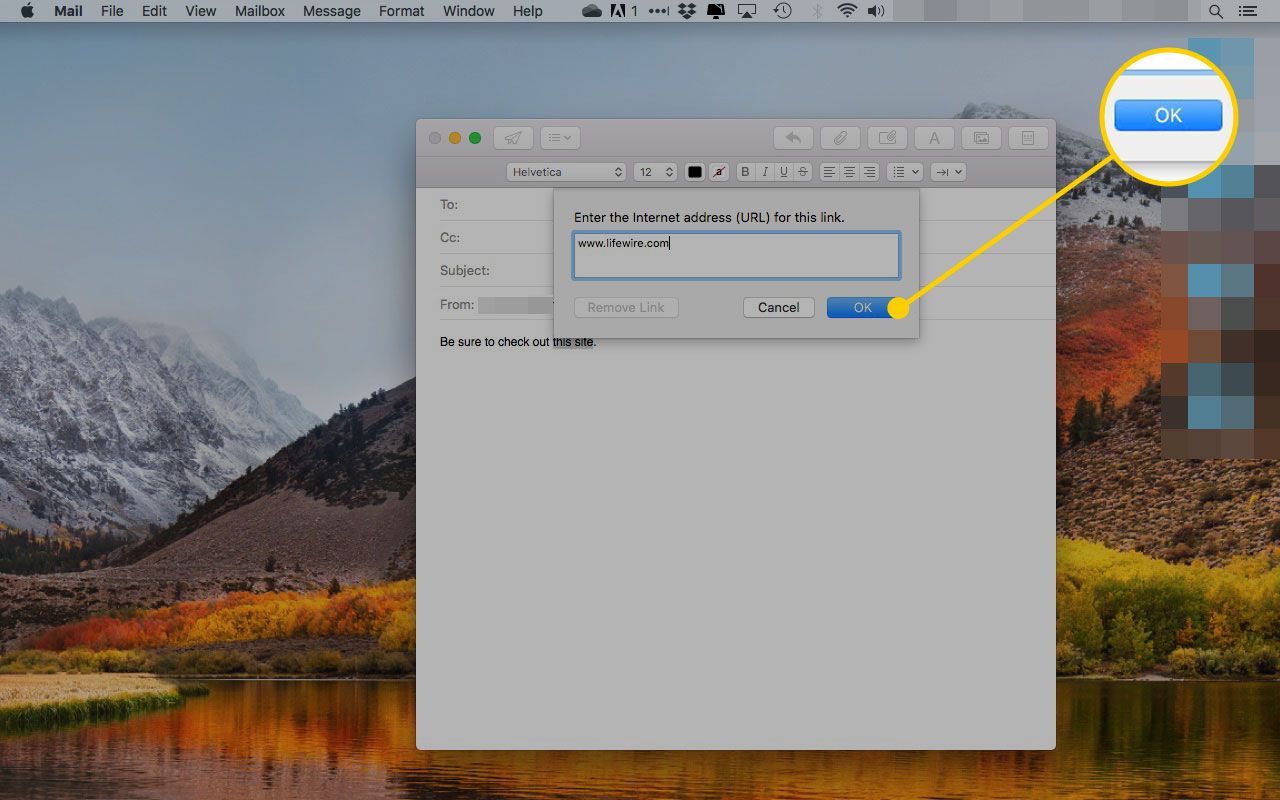 Dialogové okno Přidat odkaz v Mailu pro macOS se zvýrazněným tlačítkem OK
