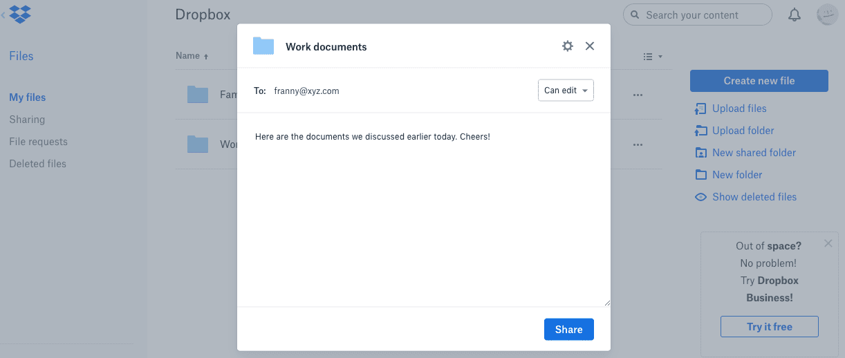 Odeslání odkazu na Dropbox příjemci