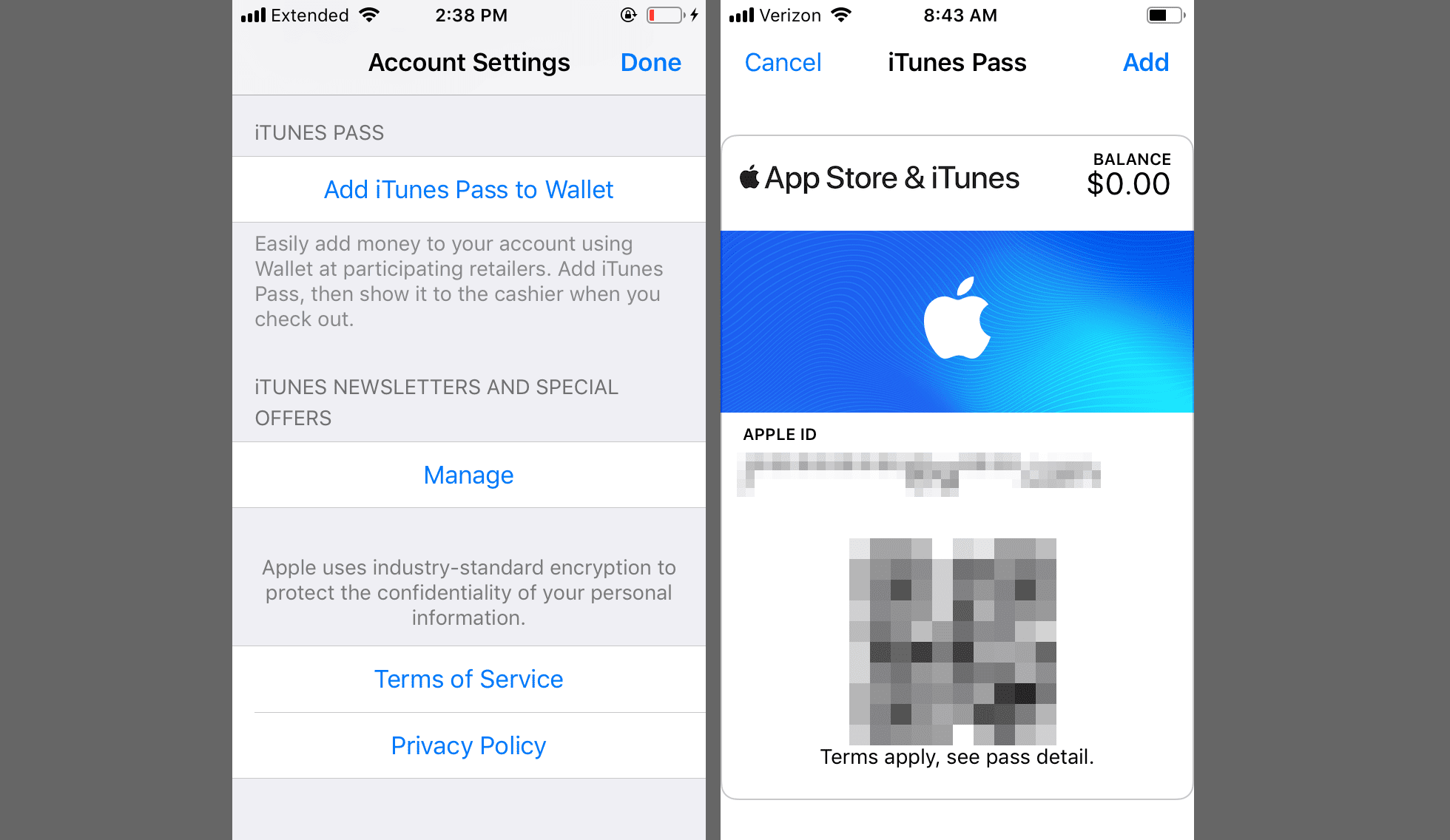 Obrazovka Nastavení účtu a iTunes Pass na iPhonu