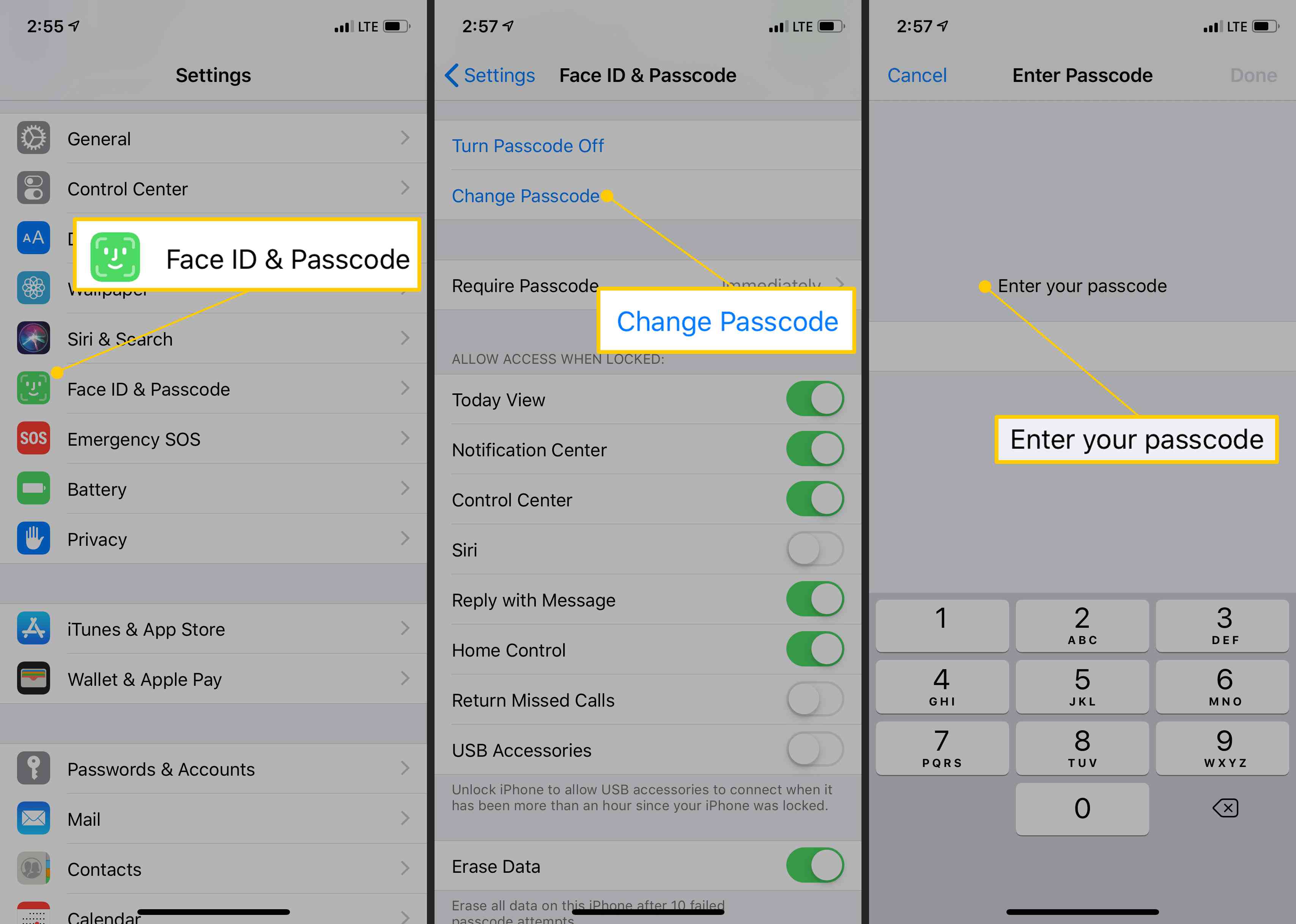 Face ID & Passcode, Change Passcode, Enter your passcode in iOS Settings