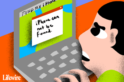 Ilustrace osoby, která se dívá na zprávu „iPhone nelze najít“ na obrazovce notebooku