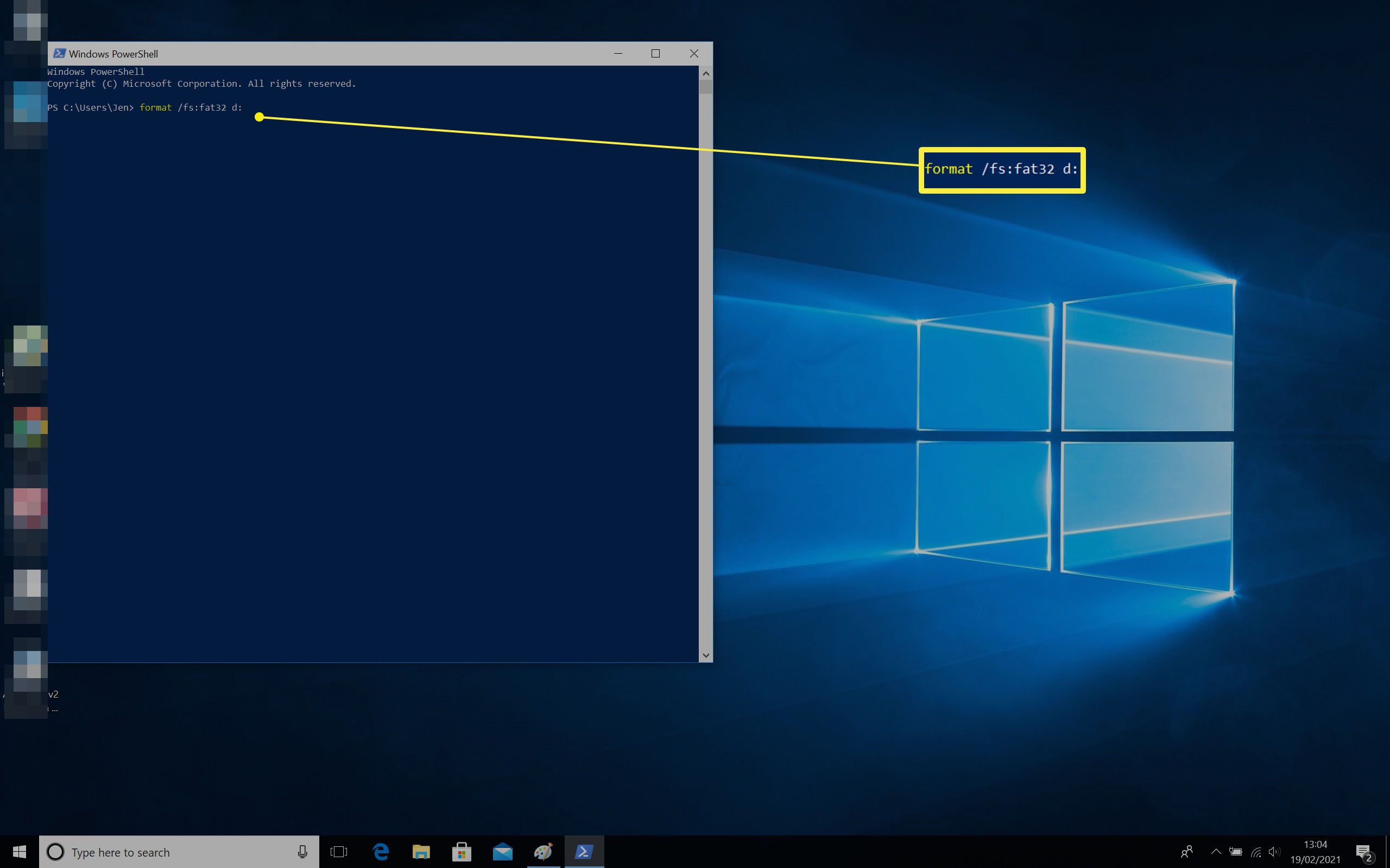 Windows 10 Powershell se zadaným formátovacím kódem