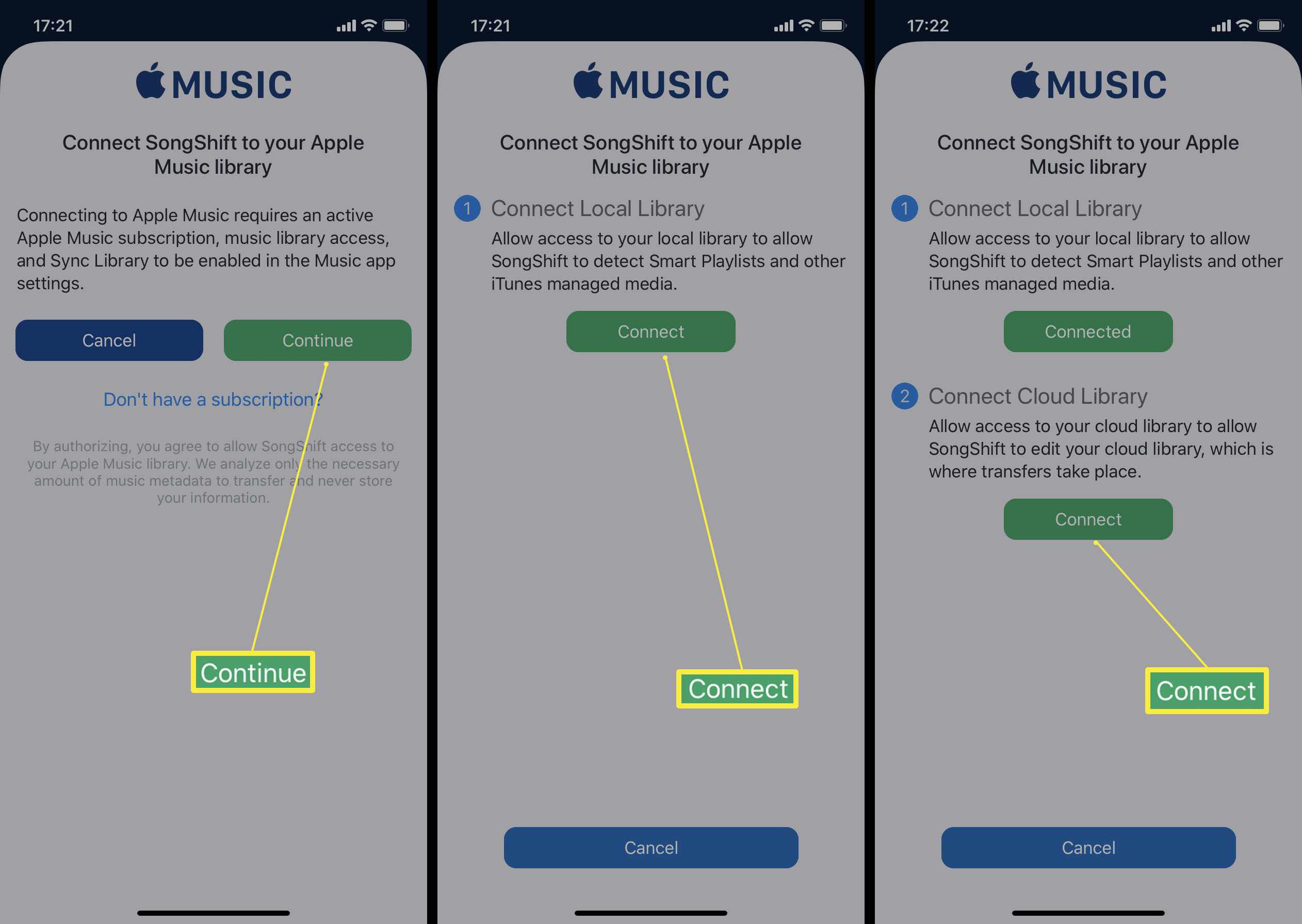 Kroky spojené s přihlášením do Apple Music prostřednictvím aplikace SongShift pro iOS