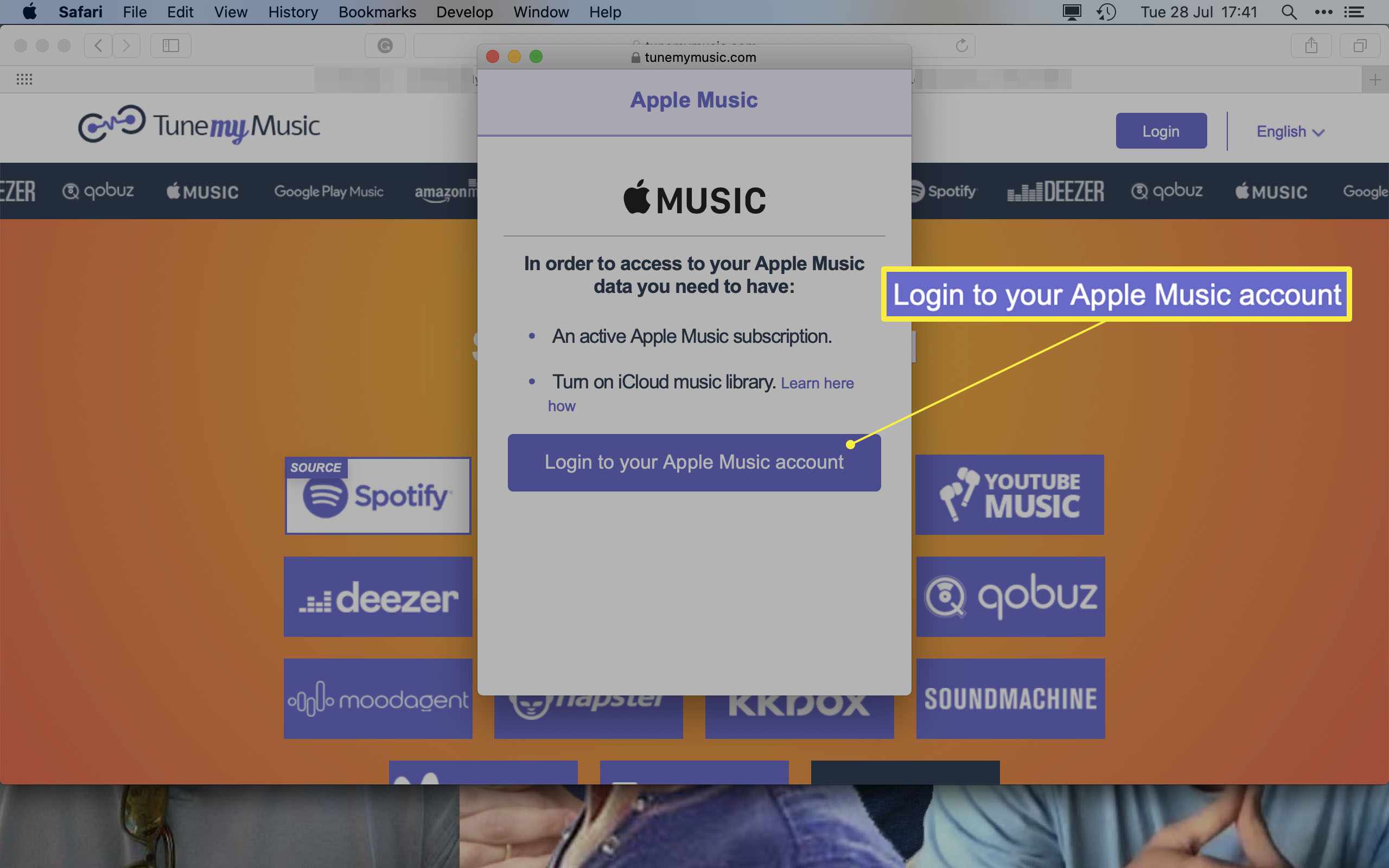 TuneMyMusic s zvýrazněným přihlášením k účtu Apple Music